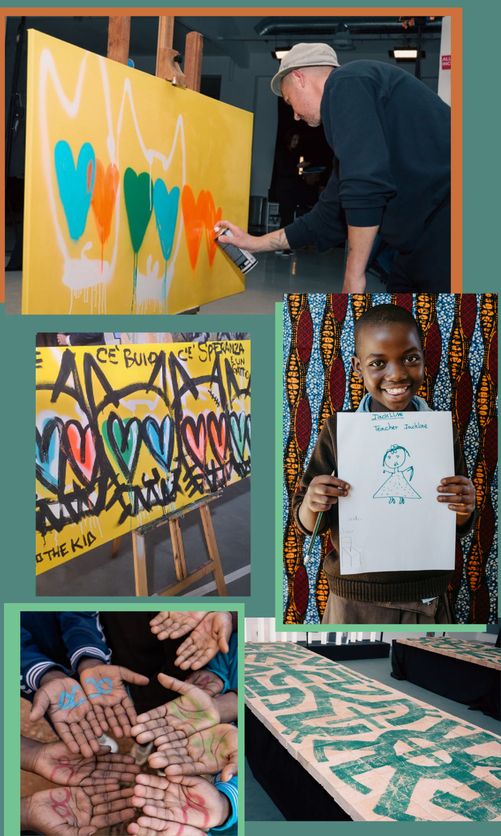 Bella Esperanza : composition réunissant une fresque en cours de création, une œuvre, des mains rassemblées et une enfant présentant son dessin.