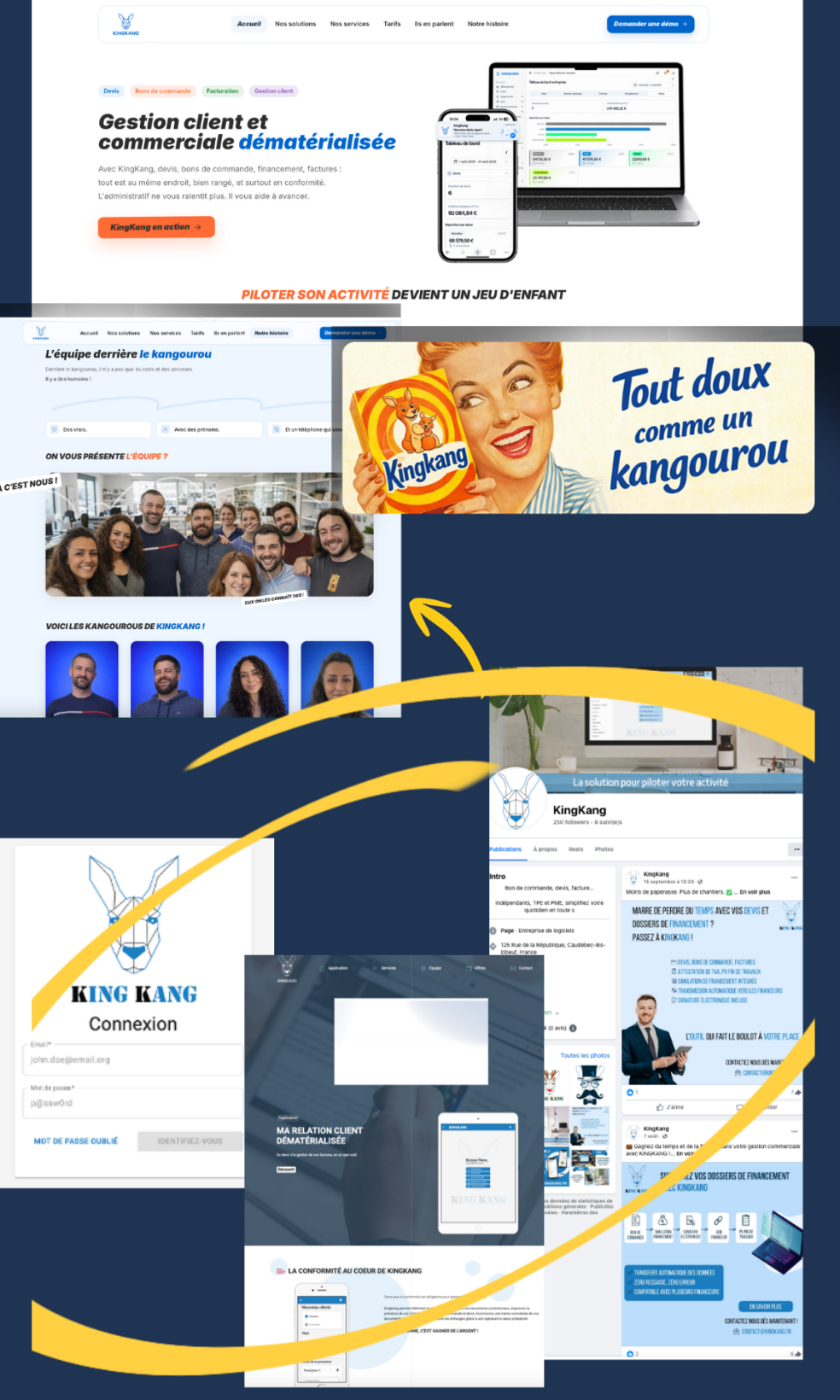 KingKang : composition de supports numériques, écrans de connexion et pages web illustrant l’évolution de la communication de la marque.