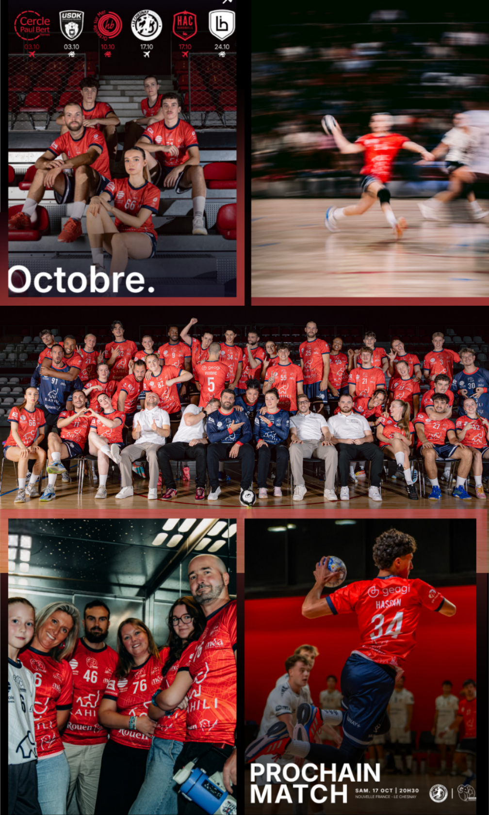 Rouen Handball : composition de photographies de l’équipe en rouge, d’actions de match et de supports de communication sportive.